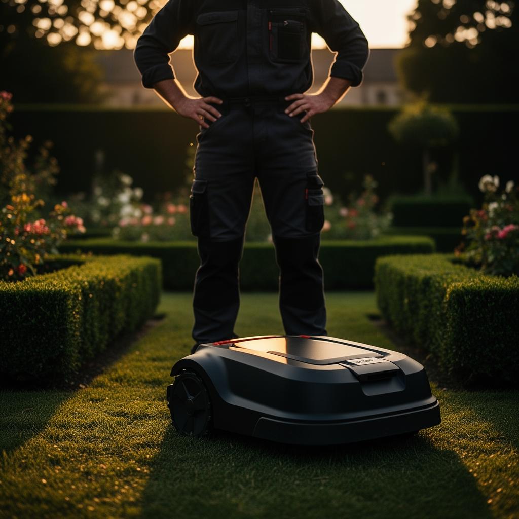 Fachhändler vor Anthbot Mähroboter im Garten