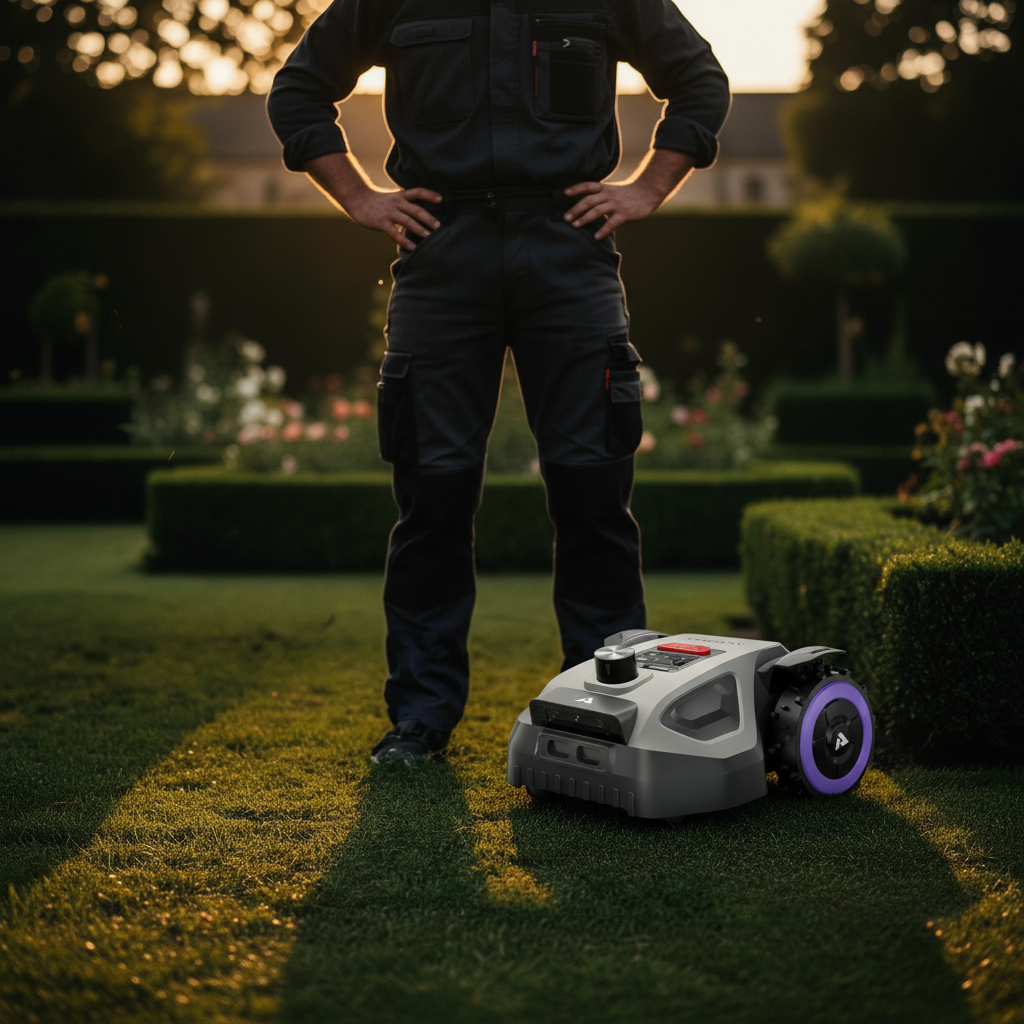 Fachhändler vor Anthbot Mähroboter im Garten